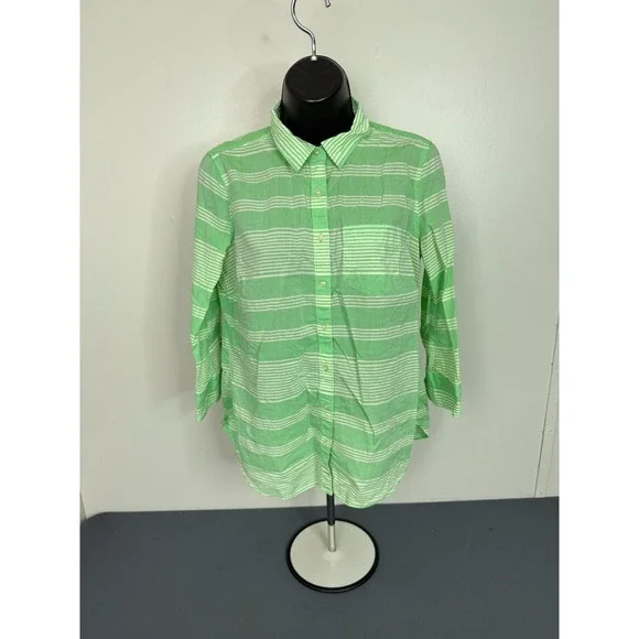 JCP Women's Button Down Long Sleeve Cotton Stripe Shirt Green Size Medium FLAW - Picture 2 of 6